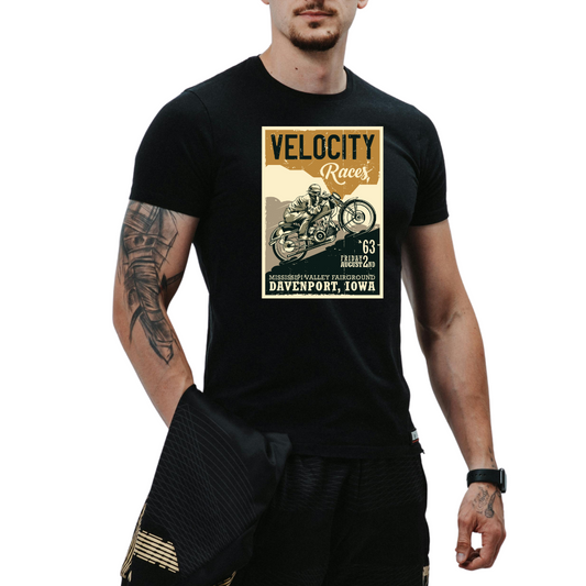 Classic Moto Race Graphic Tee – Iowa 1963 Velocity Fairground Shirt