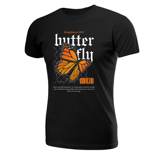 Zingleberry Exclusive Butterfly Printed Black Cotton Tee For Women