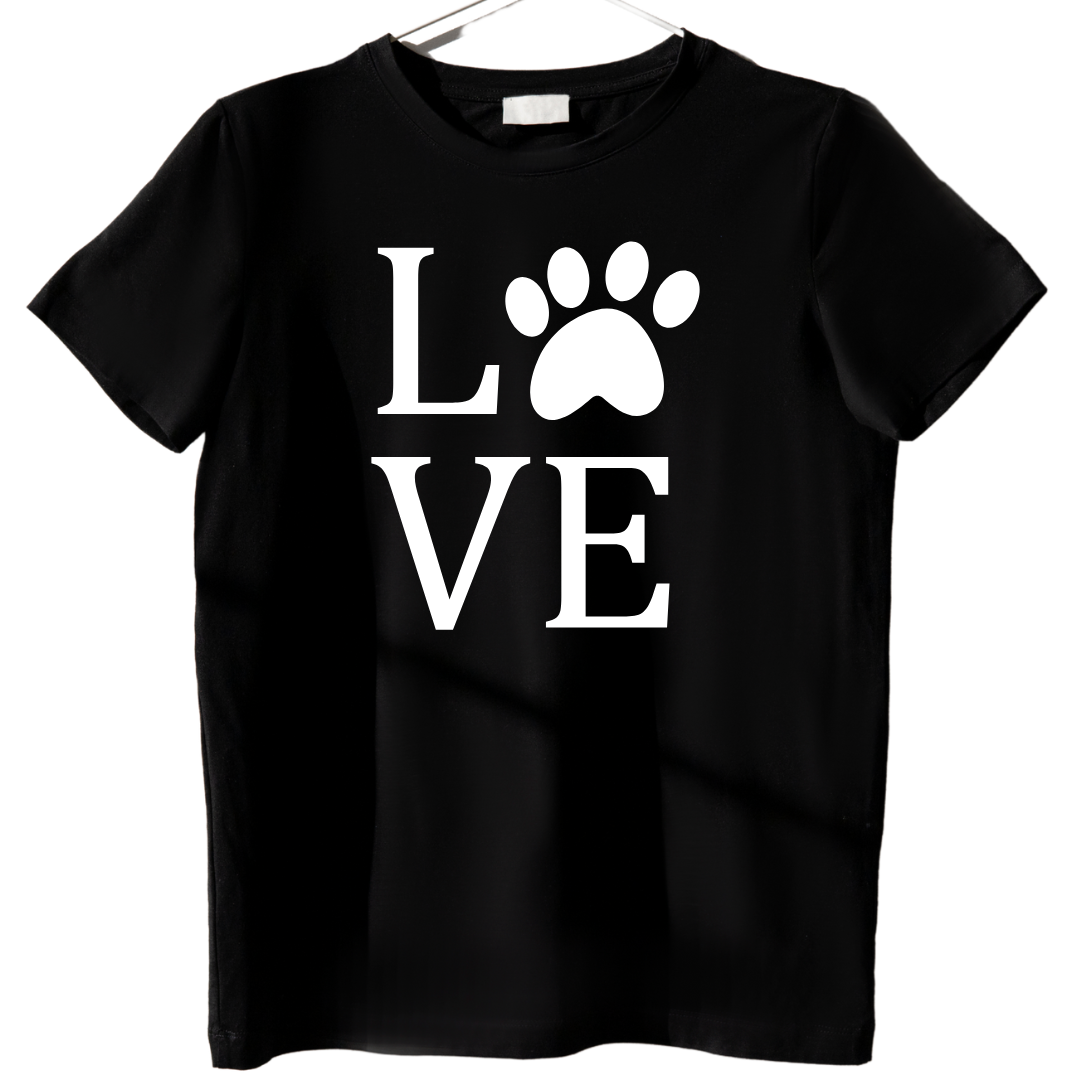Paw Print LOVE T-Shirt – Cute Pet Lover Graphic T-shirts in Black