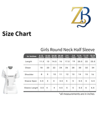 Size chart for girls' round neck half sleeve t-shirt with ZB logo