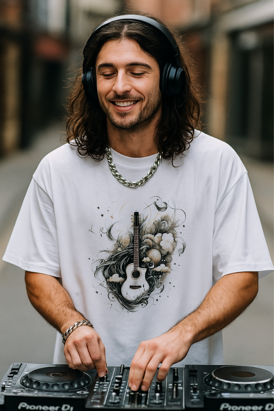Male DJ wearing Zingleberry's unisex oversized white t-shirt with guitar-themed art print, smiling with headphones while mixing music outdoors.