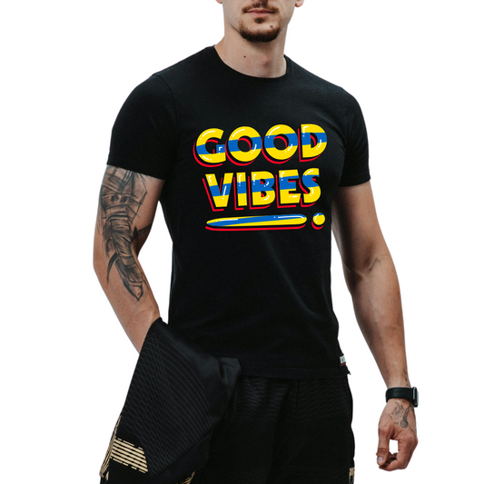 Men wearing Good Vibes Printed Black Cotton Tshirt