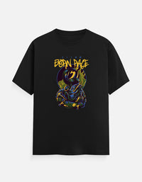 Front view of Zingleberry Premium Unisex Classic Crew black graphic T-shirt featuring Born Rage astronaut artwork with oversized streetwear fit.