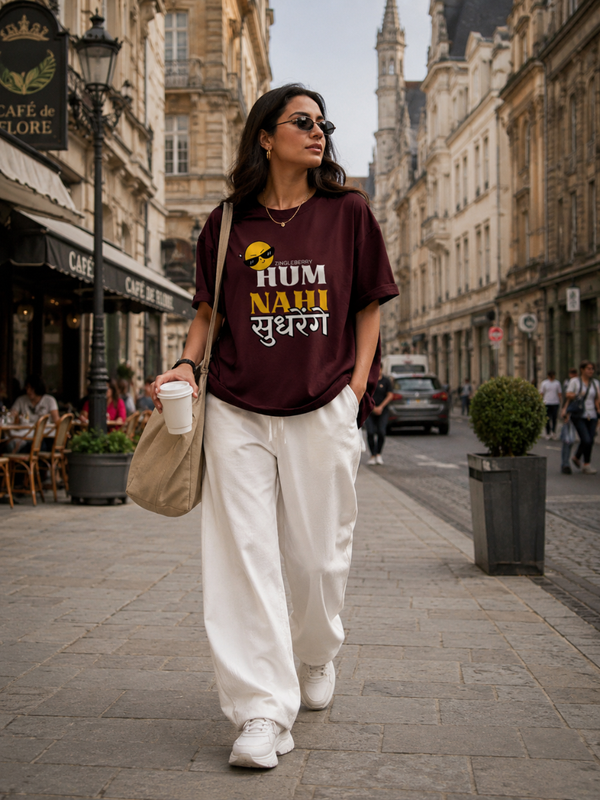 Zingleberry Hum Nahi Sudhrenge Typography Graphic Print Oversized Unisex Cotton T-Shirt