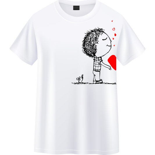 Minimalist Love Sketch White Cotton T-Shirt – Romantic Art Tee for Couples