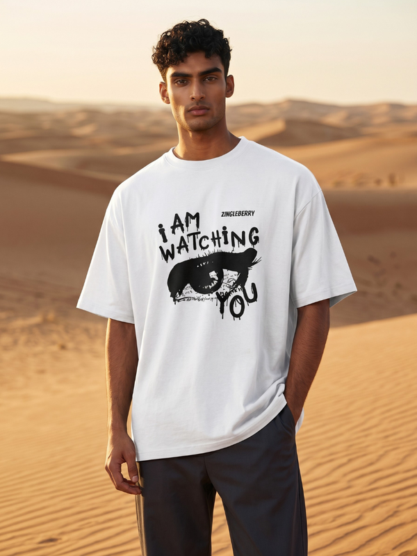 Zingleberry I Am Watching You Graphic Print Oversized Unisex Cotton T-Shirt – White