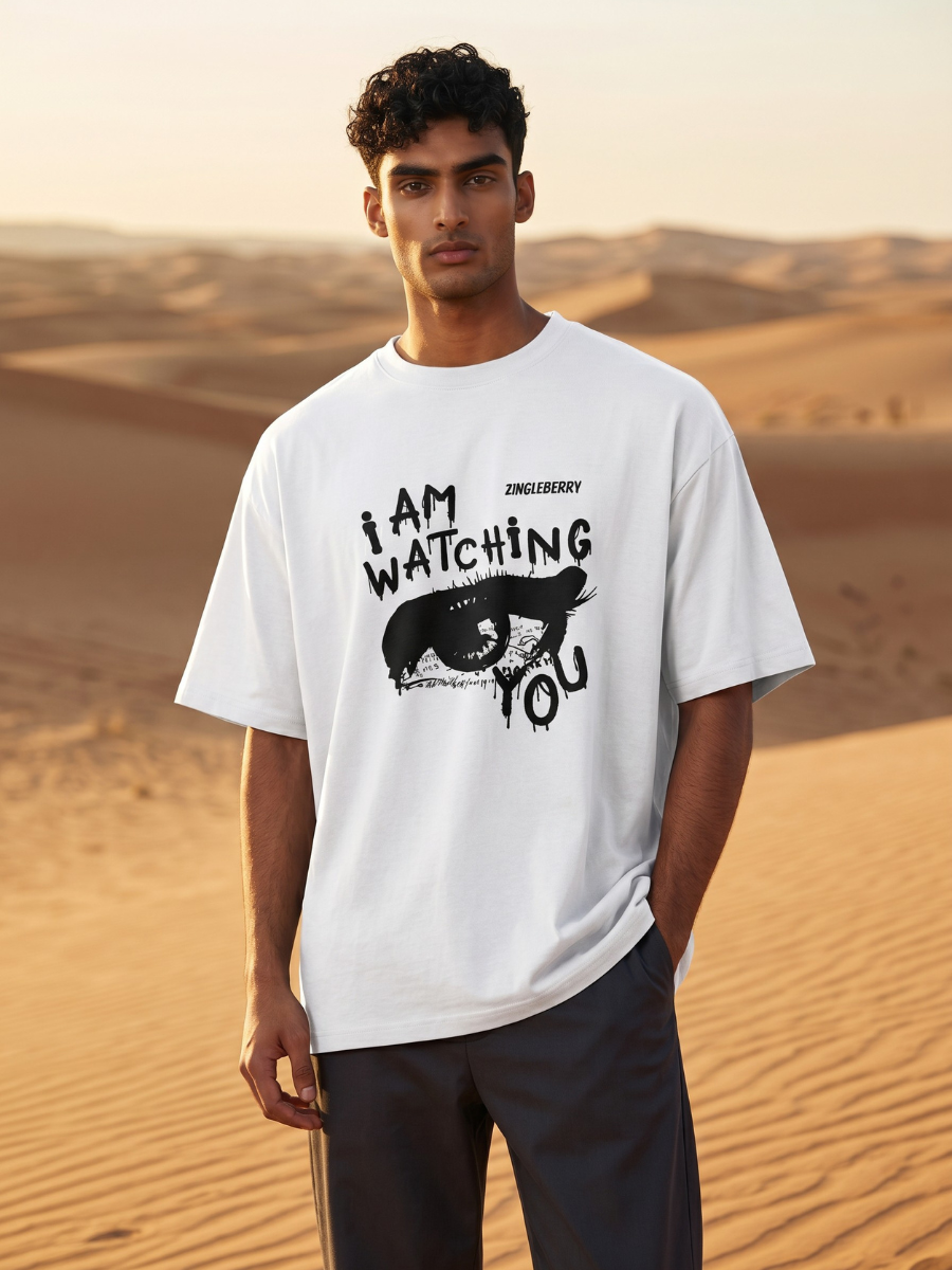 Zingleberry I Am Watching You Graphic Print Oversized Unisex Cotton T-Shirt – White