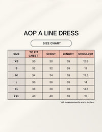 Size chart for AOP A Line Dress on a white background