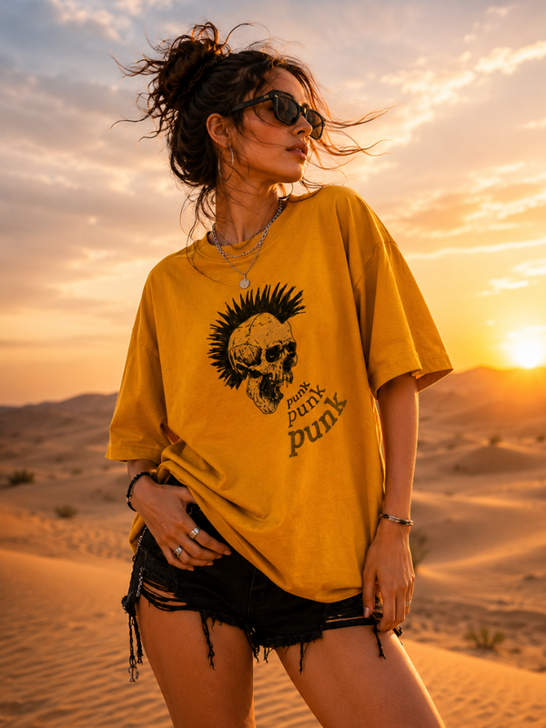 Zingleberry Punk Skull Graphic Print Oversized Unisex Cotton T-Shirt