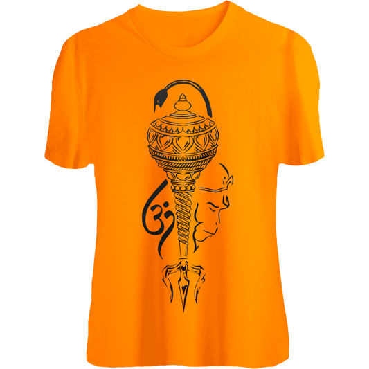Saffron orange Hanuman t-shirt with religious mace and Om symbol – spiritual Hindu graphic tee for men