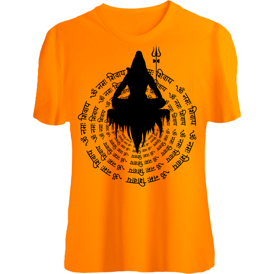 Man wear Spiritual Om Namah Shivaya with Lord Shiva  T-Shirt in Saffron Orange – Unisex Hindu Religious Print Tee
