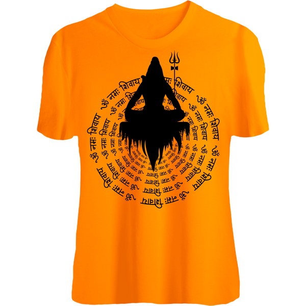 Man wear Spiritual Om Namah Shivaya with Lord Shiva  T-Shirt in Saffron Orange – Unisex Hindu Religious Print Tee
