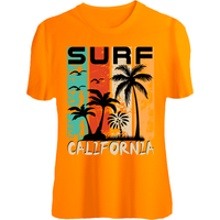 Orange cotton T-shirt featuring a vibrant 'Surf California' tropical beach graphic with palm trees and seagulls.