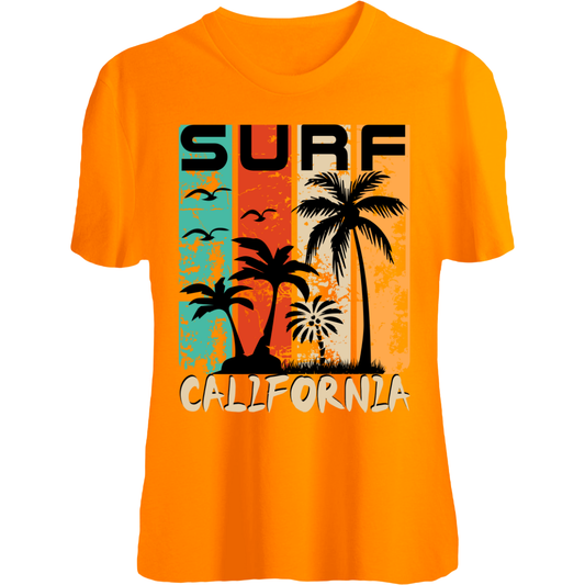 Orange cotton T-shirt featuring a vibrant 'Surf California' tropical beach graphic with palm trees and seagulls.