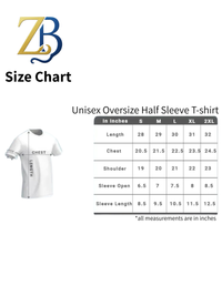 Size chart for unisex oversized half sleeve t-shirt with measurements and ZB logo.