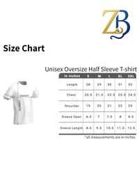 Size chart for unisex oversized half sleeve t-shirt with measurements and ZB logo.