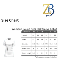 Size chart for women's round neck half sleeve t-shirt with measurements on a white background.