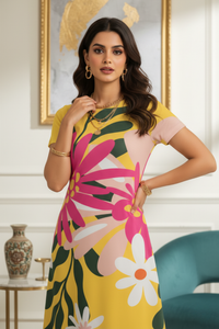 Close-up of premium Yellow and pink floral A-line dress for women featuring soft fabric, elegant neckline, and chic jewelry styling for formal and festive occasions.