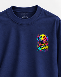 Zingleberry Dance Until Sunrise premium navy blue oversized T-shirt with colourful smiley 3 x 3 inch left chest print.