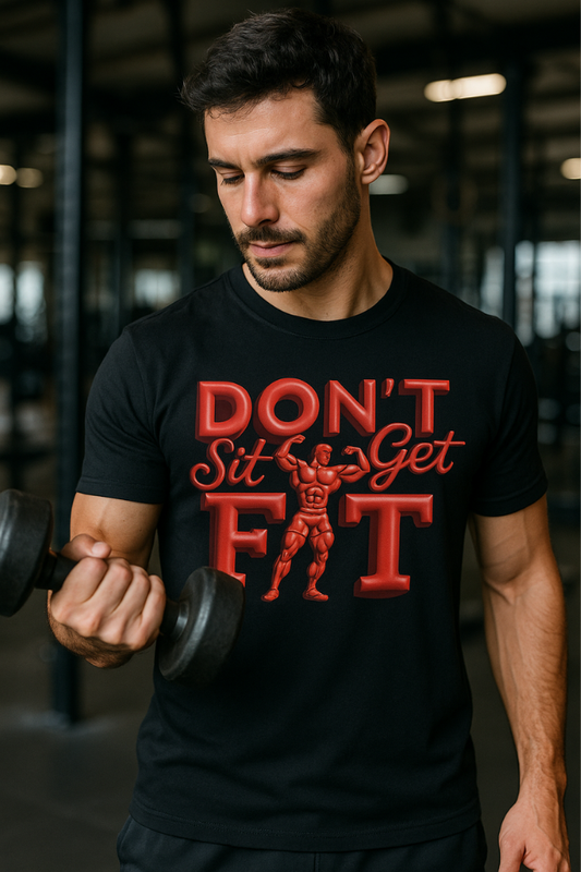 Man lifting dumbbell wearing Zingleberry black gym t-shirt with "Don’t Sit Get Fit" red graphic print, fitness wear for men.