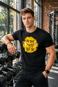 Man in black Zingleberry gym t-shirt with “Be Your Own Hero” print, perfect for gym lovers and fitness-focused individuals.
