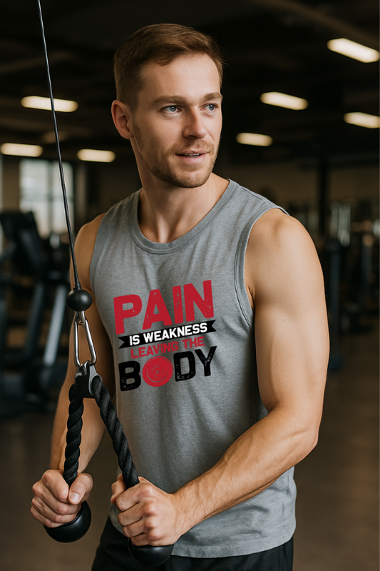 Zingleberry men's sleeveless gym t-shirt in grey with bold “Pain is weakness leaving the body” print – ideal for workouts.