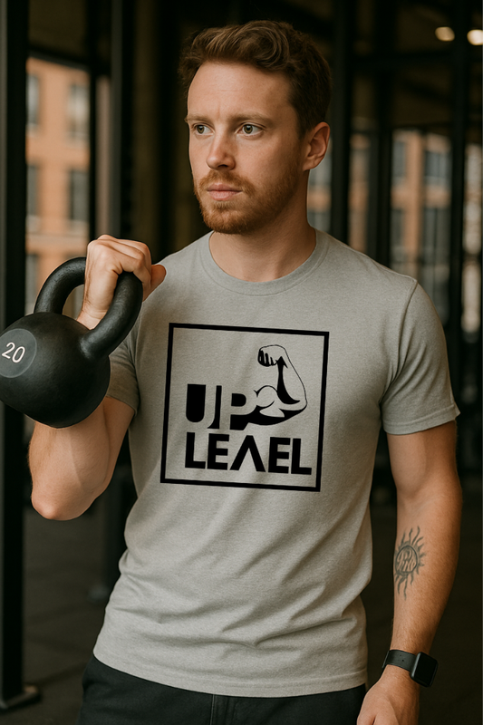 Gym enthusiast in grey Zingleberry Sportswear men’s round neck t-shirt lifting kettlebell – ideal for fitness and active lifestyle.