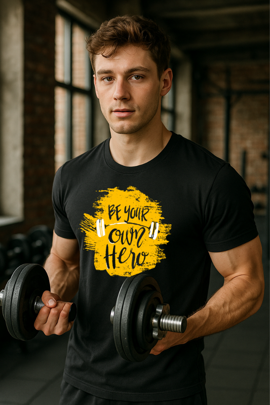 Man in black Zingleberry gym t-shirt with “Be Your Own Hero” print, perfect for gym lovers and fitness-focused individuals.