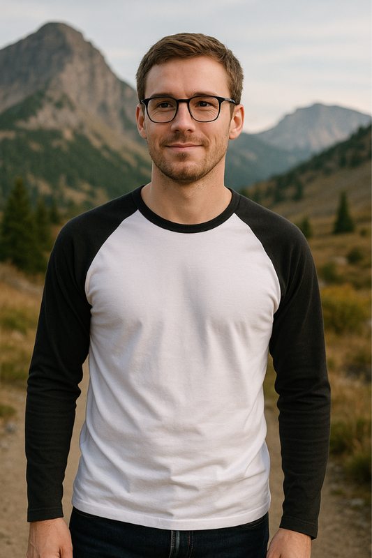 Man in black and white Zingleberry Men's Raglan Round Neck T-Shirt, outdoors. Ideal for workouts, gym, and active lifestyle.