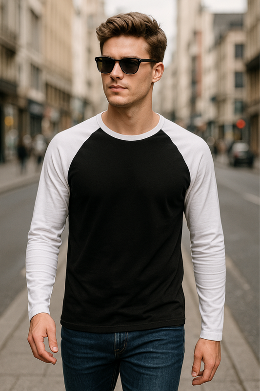 Zingleberry Men's Black and White Raglan Round Neck T-Shirt – stylish gym and casual wear for fitness enthusiasts.