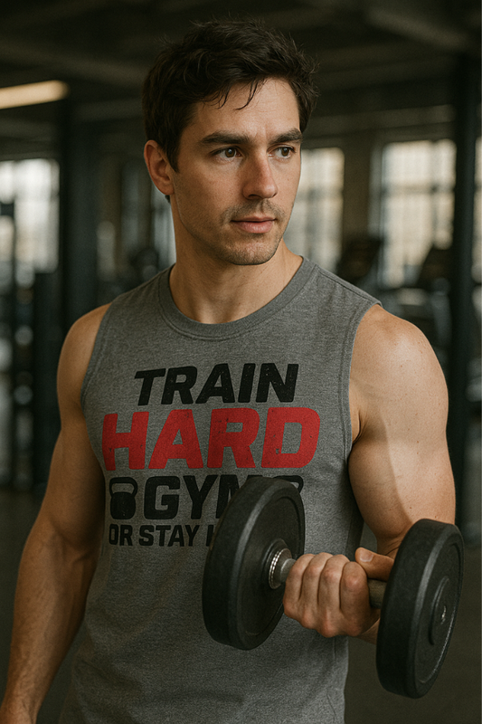Man wearing grey Zingleberry sleeveless gym t-shirt with “Train Hard or Stay Home” print, ideal for fitness and workout lovers.