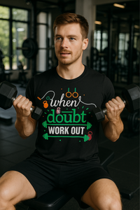 Man doing dumbbell curls in black Zingleberry t-shirt with 