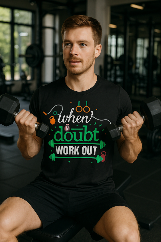 Man doing dumbbell curls in black Zingleberry t-shirt with "When in Doubt Work Out" print, gym wear for fitness lovers.