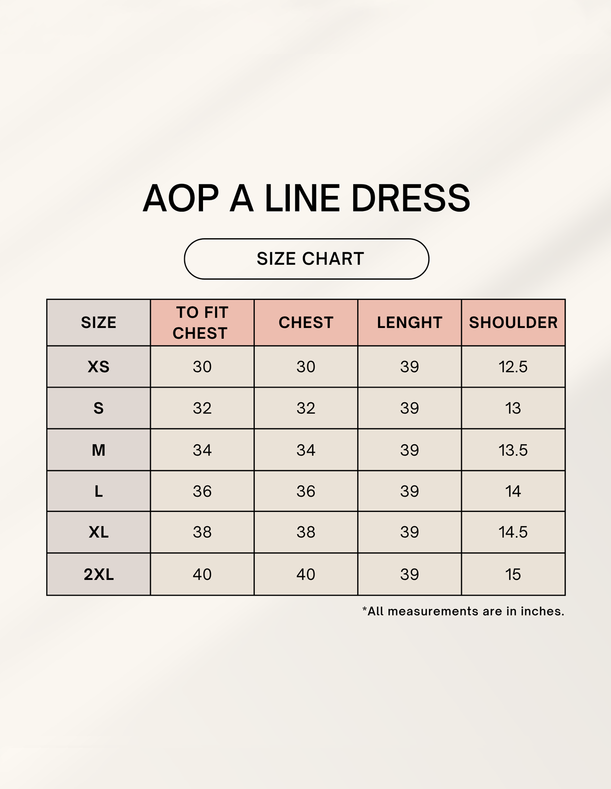 AOP A-line dress size chart for women showing measurements for XS to 2XL, including chest, length, and shoulder dimensions in inches for perfect fit guidance.