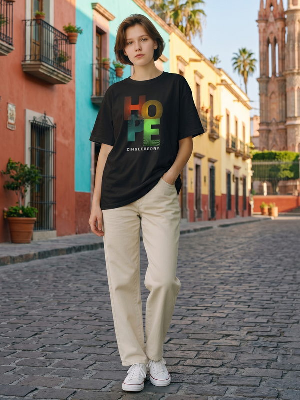 Person wearing a black t-shirt with 'HOPE' printed in colorful letters on a street with colorful buildings.