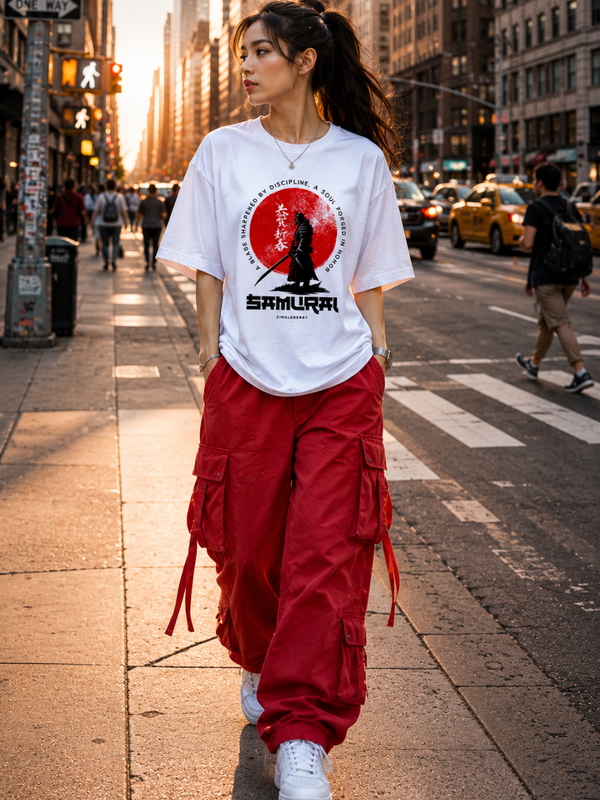 Zingleberry Samurai Warrior Graphic Print Oversized Unisex Cotton T-Shirt