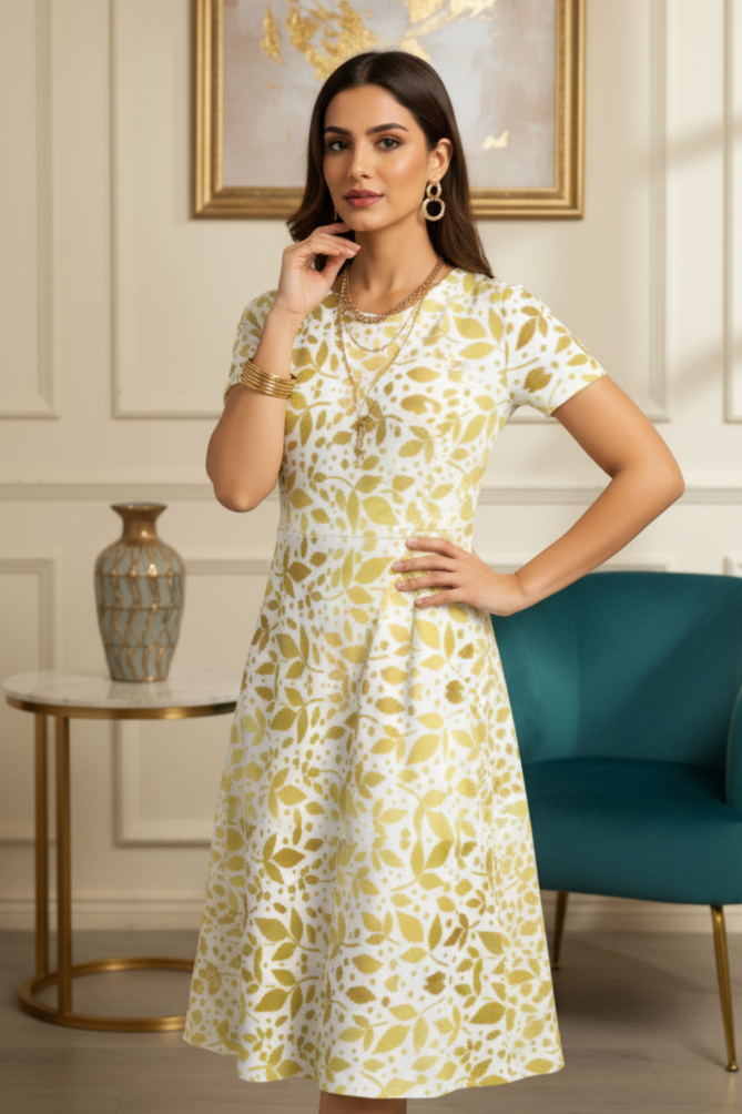 Close-up of premium white and gold floral A-line dress for women featuring soft fabric, elegant neckline, and chic jewelry styling for formal and festive occasions.