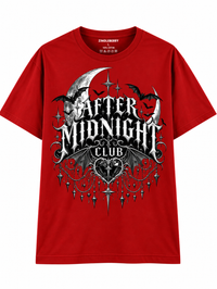 Zingleberry After Midnight Club red unisex oversized Gothic T-shirt front view with silver and black graphic