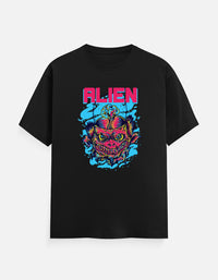 Front view of Zingleberry Alien Premium Unisex Black Cotton T-Shirt featuring a bold neon alien graphic print crafted from 100% pure cotton.