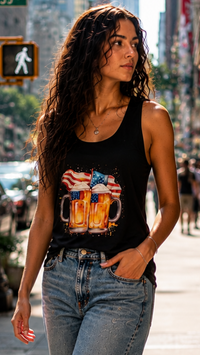 Female model wearing Zingleberry black graphic tank top featuring American flag and beer mug artwork with wide-leg jeans.