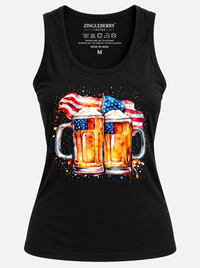 Zingleberry women’s black tank top featuring two beer mugs and American flag graphic print on the front.