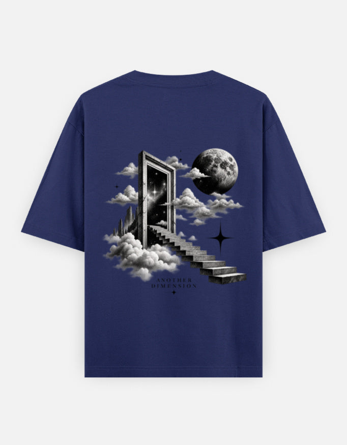 Zingleberry Another Dimension navy blue oversized T-shirt back with moon doorway staircase and clouds artwork