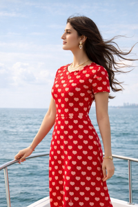 Stylish Indian female model in Zingleberry’s Premium AOP A-Line dress from Valentine special collection, standing on a luxury boat with wind in hair and ocean backdrop.