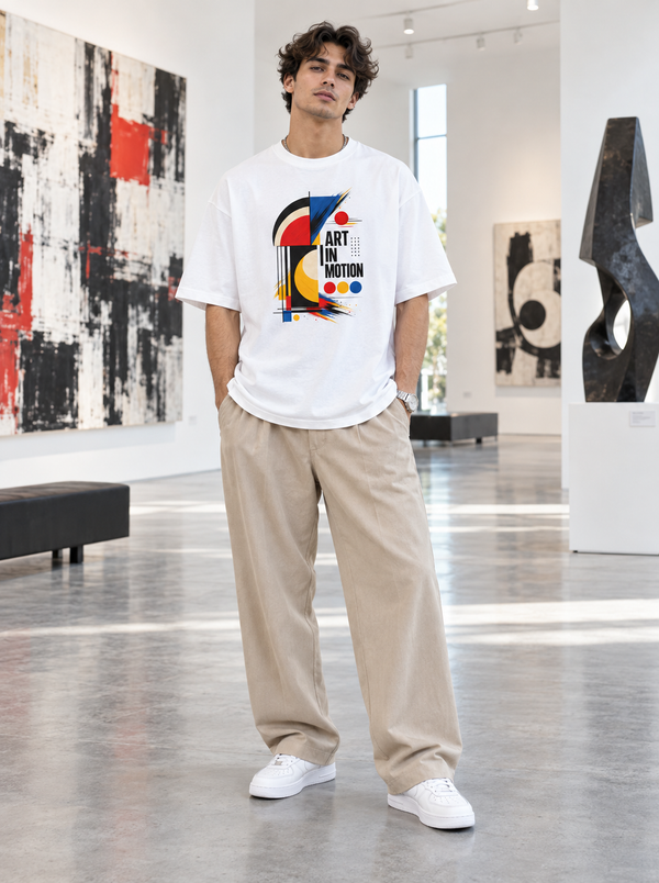 Male model wearing Zingleberry white Art in Motion oversized graphic T-shirt with beige relaxed trousers and white sneakers.