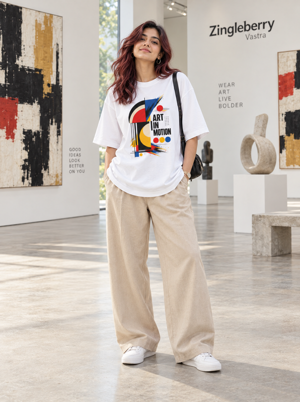 Woman wearing Zingleberry white Art in Motion oversized graphic T-shirt with beige wide-leg trousers.