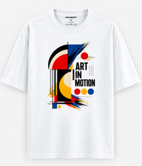 Zingleberry white oversized premium cotton T-shirt featuring colourful Art in Motion modern geometric abstract graphic.