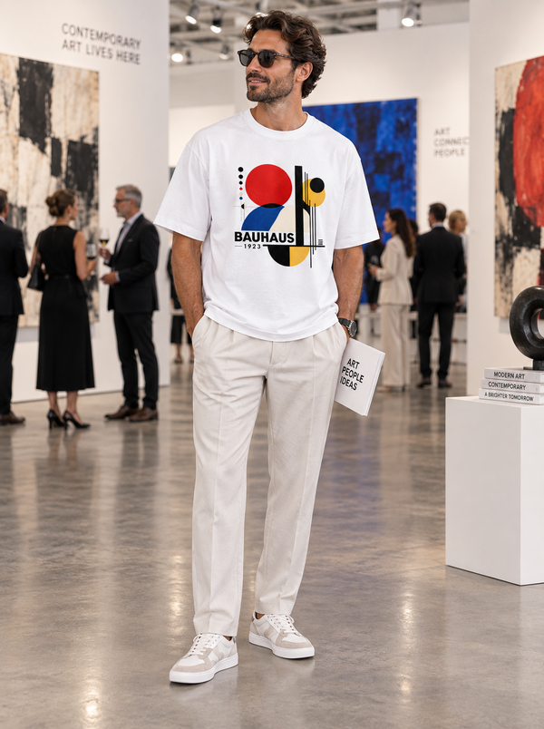 Man wearing Zingleberry Bauhaus 1923 white oversized T-shirt with off-white trousers at a contemporary art gallery.