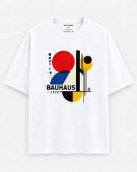Zingleberry white unisex oversized cotton T-shirt featuring Bauhaus 1923 geometric artwork in red, blue, yellow and black.