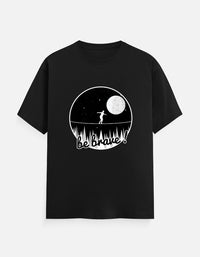 Front view of Zingleberry Be Brave Premium Unisex Black Cotton T-Shirt featuring a minimalist moon and adventure graphic print made from 100% pure cotton.