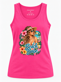 Zingleberry Beach Babe pink women’s cotton tank top with tropical graphic product mockup